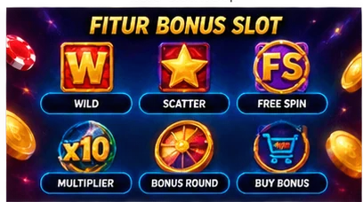 Ilustrasi fitur wild, scatter, free spin, multiplier, dan bonus slot