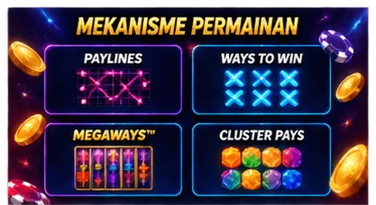 Ilustrasi paylines, Ways to Win, Megaways, dan Cluster Pays